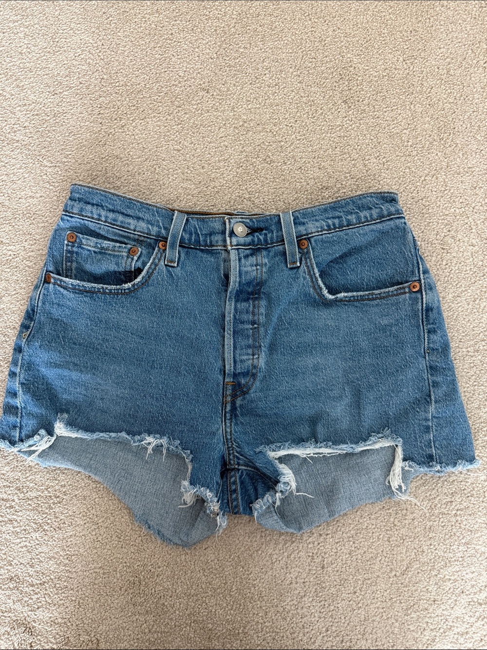 Levi's 501 Medium Blue Frayed Hem Jean Shorts